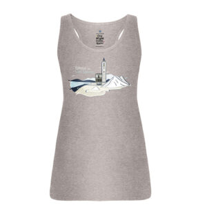 Camiseta de tirantes gris vigoré de chica con diseño de la Iglesia de Las Salinas de Cabo de Gata Almería